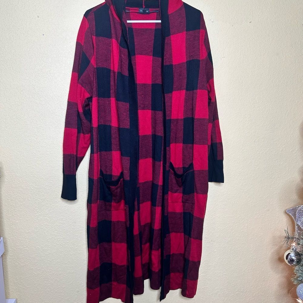 Torrid Red, Black Checker, Hood, Long Knit Sweater, Size 1 (Plus-Size)
